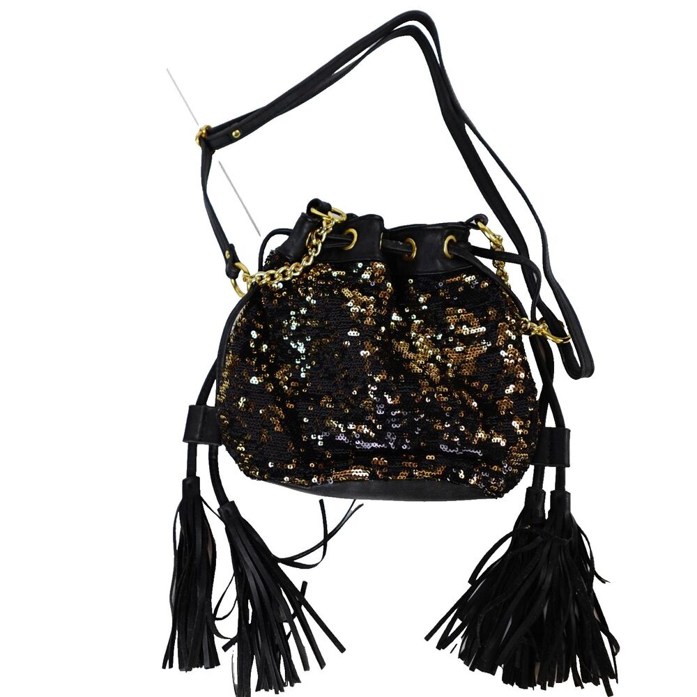Vtg  Ion Silk Elements Sequin Tassel Bag Black & Gold Crossbody Drawstring Purse